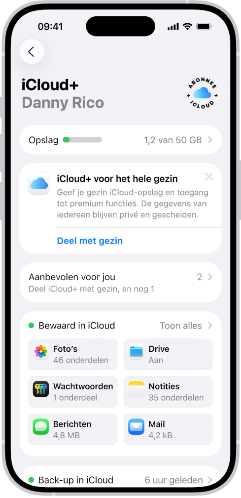 Het scherm met iCloud-instellingen, met de iCloud-opslagmeter en een lijst met functies, zoals Foto's, iCloud Drive en Back‑up in iCloud, die met iCloud kunnen worden gebruikt.