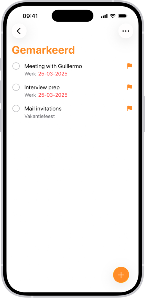 De slimme lijst 'Gemarkeerd' in de Herinneringen-app. Dit is één centrale lijst waarin automatisch alle herinneringen komen te staan die met een vlag zijn gemarkeerd.