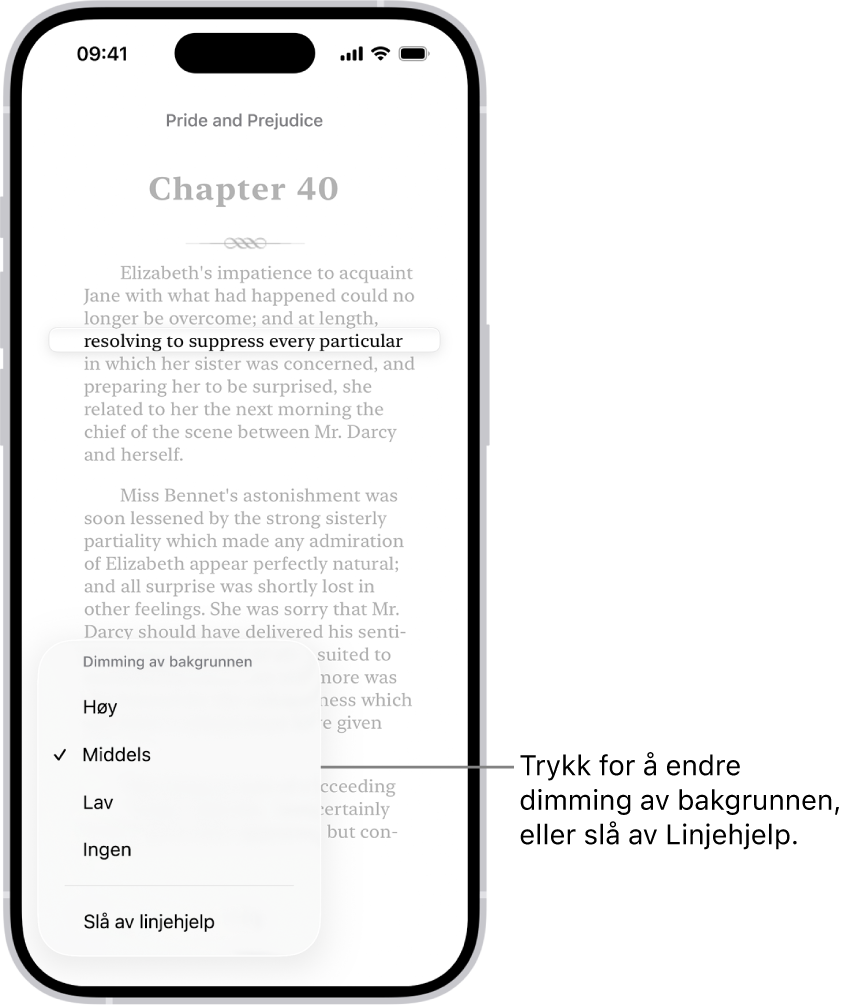 En bokside i Bøker-appen. Én tekstlinje er uthevet, og resten av teksten dempes. Linjehjelpmeny-knappen er nederst i venstre hjørne.