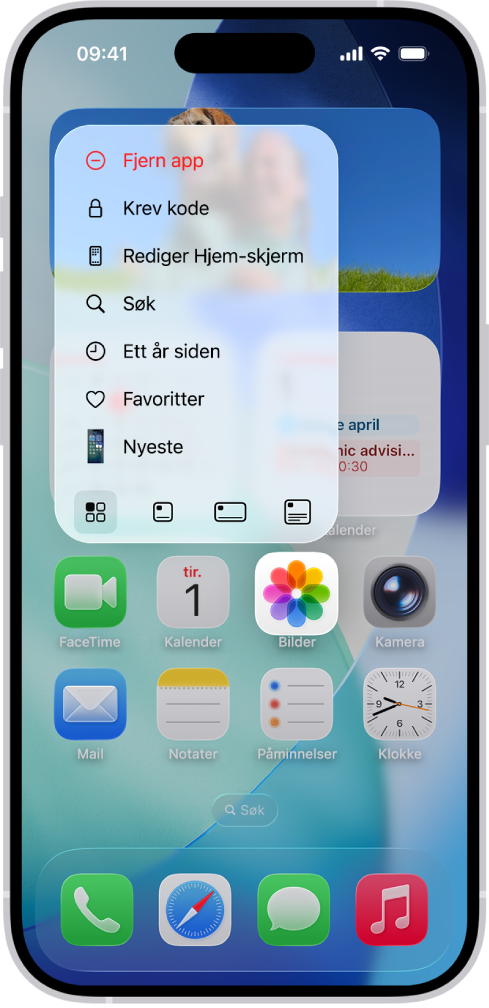 En skjerm som viser at et appsymbol endres til en widget på Hjem-skjermen. Du kan trykke og holde på appsymbolet for å vise en liste med valg, og deretter trykke på små symboler som representerer widgetstørrelser du kan velge for den nye widgeten.