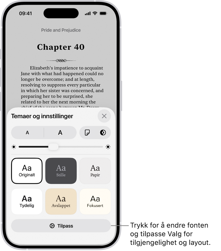 En bokside i Bøker-appen. Temaer og innstillinger-valg viser kontroller for fontstørrelse, rullevisning, stil for å bla om, lysstyrke og fontstiler.
