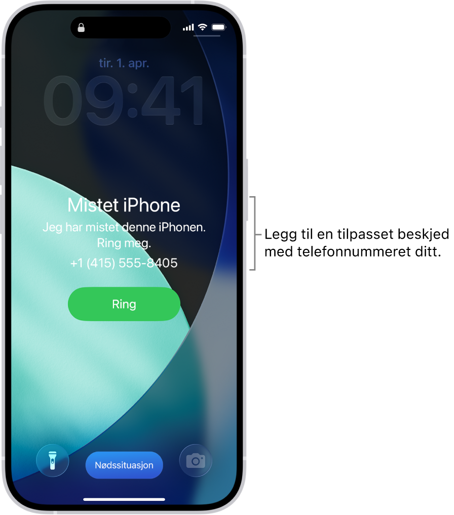 Låst skjerm på iPhone med en melding om mistet iPhone. Du kan legge til en tilpasset melding med telefonnummeret ditt.