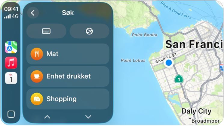 En CarPlay-skjerm som viser et kart over San Francisco. Til høyre er knapper for sted, 3D, rapporter fare og zoom. Nederst er knapper for Søk og Bestemmelsessted.