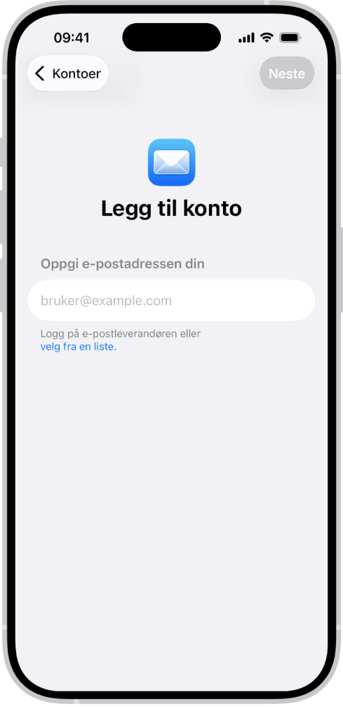 Legg til konto-skjermen, med et felt for å skrive inn e-postadressen din.