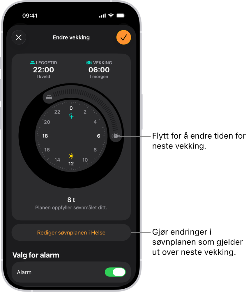 En skjerm for å endre neste Vekking-alarm. Plasseringen til vekkeklokke-knappen angir tiden for alarmen.
