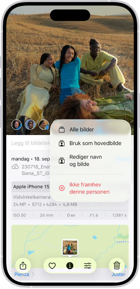 Øverste halvdel av iPhone-skjermen viser et bilde som er åpnet i Bilder-appen. Nede i venstre hjørne på bildet vises ansiktene til personene som er avbildet. Et av ansiktene har et spørsmålstegn ved siden av det. En meny med valg inkluderer, fra øverst til nederst, Alle bilder, Bruk som hovedbilde, Rediger navn og bilde og Ikke framhev denne personen.