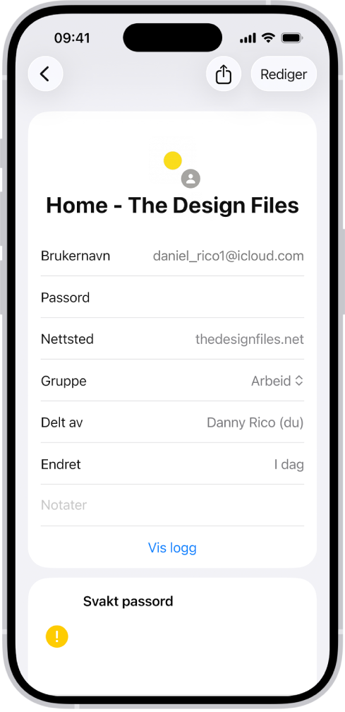 Passord-appen viser informasjonen for en konto, inkludert brukernavn, passord og nettsted.