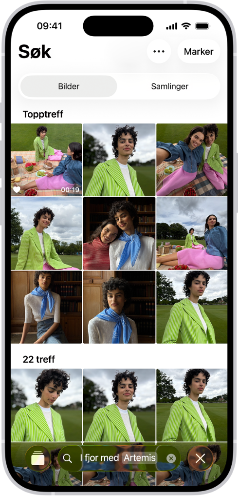 En iPhone viser bilder i Bilder-appen. En søkelinje med en beskrivelse vises nederst på skjermen.