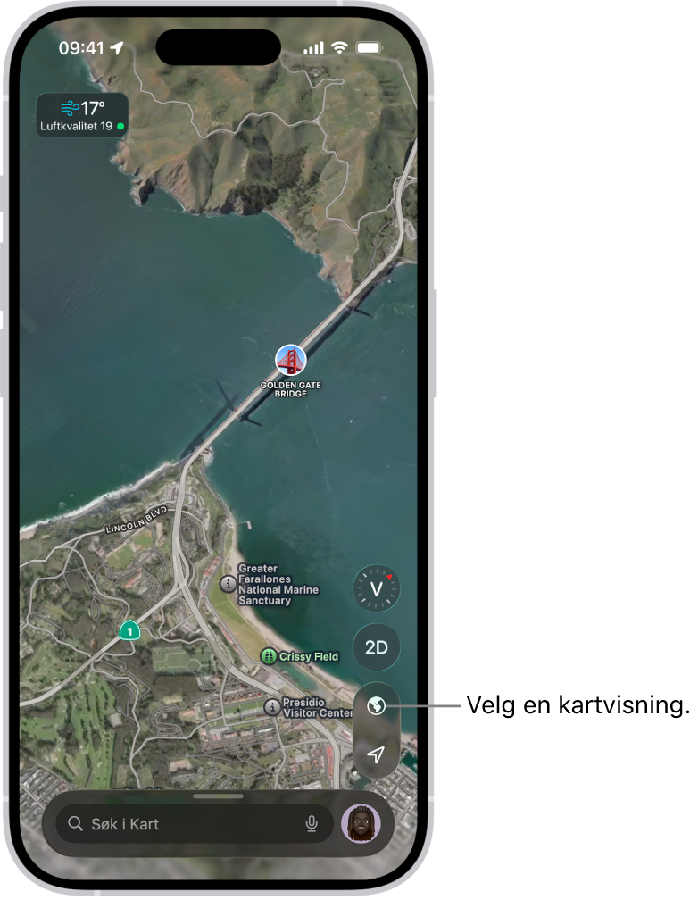 Et gate- og parkkart i 3D der trær, interessepunkter og fasiliteter som toaletter er avmerket.