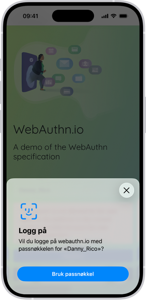 Nederste halvdel av iPhone-skjermen viser valget om å bruke en passnøkkel for å logge på et nettsted.
