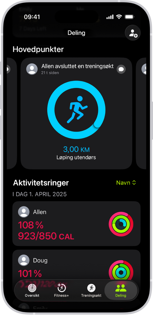 Deling-skjermen i Mosjon, med aktivitetsringer og aktivitetshøydepunkter for en person og vennene deres.