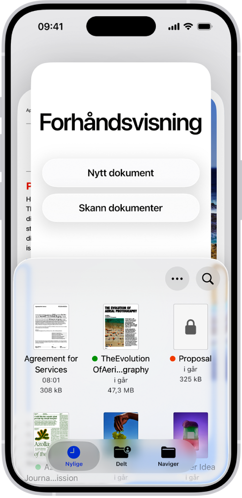 Dokumentnavigering i Forhåndsvisning. Midt på skjermen er knappene Nytt dokument, Skann dokumenter, Mer og Søk. Nederst på skjermen er knappene Nylige, Delt og Naviger.