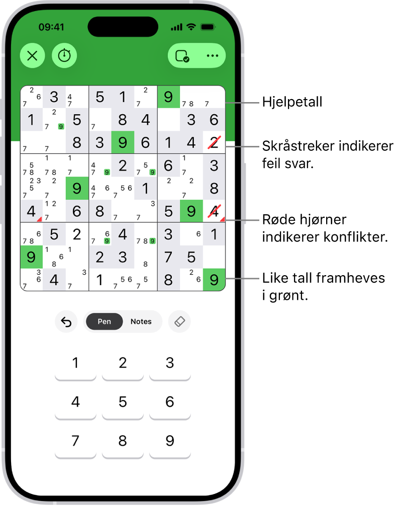 En sudoku-oppgave med flere funksjoner slått på: Notes, Highlight Matching Numbers, Show Conflicts og Autocheck.