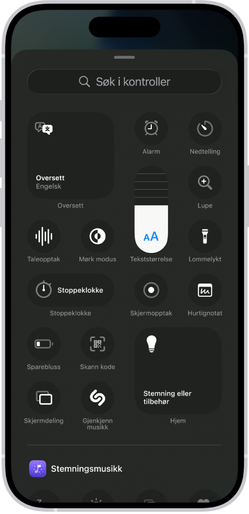 Kontrollgalleriet som viser tilgjengelige Kontrollsenter-kontroller.