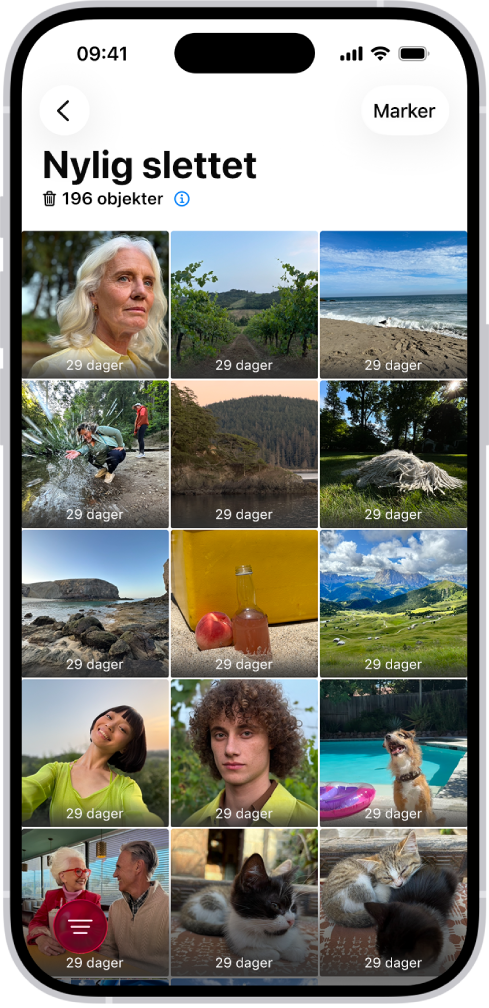 Nylig slettet-mappen i Bilder-appen. Nylig slettede bilder vises i et rutenett på skjermen.