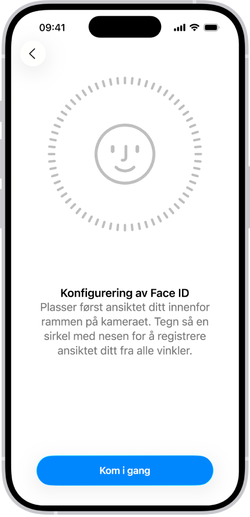 Konfigurasjonsskjermen for Face ID-gjenkjenning. Et smilefjes vises på skjermen, omsluttet av en sirkel. Teksten under informerer brukeren om å bevege hodet sakte for å fullføre sirkelen. En Kom i gang-knapp vises nær bunnen av skjermen.