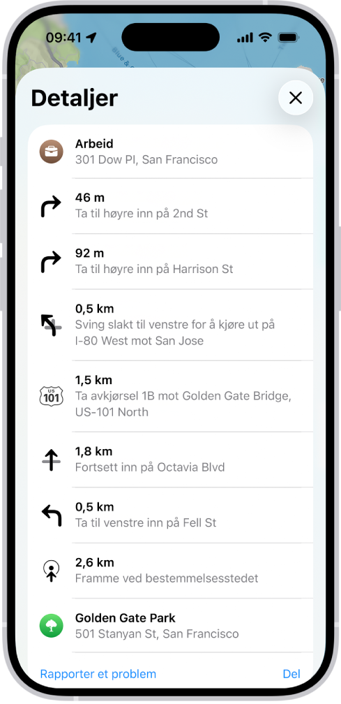 En rutes sving-for-sving-veibeskrivelse vises i en liste.