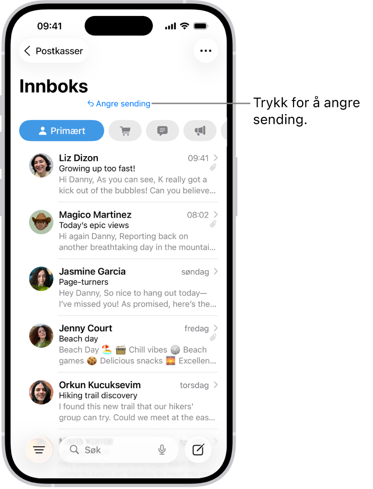 Innboksen, som viser en liste over meldinger. Angre sending-knappen (som kan brukes til å trekke tilbake en nylig sendt melding) vises i midten nederst på skjermen.