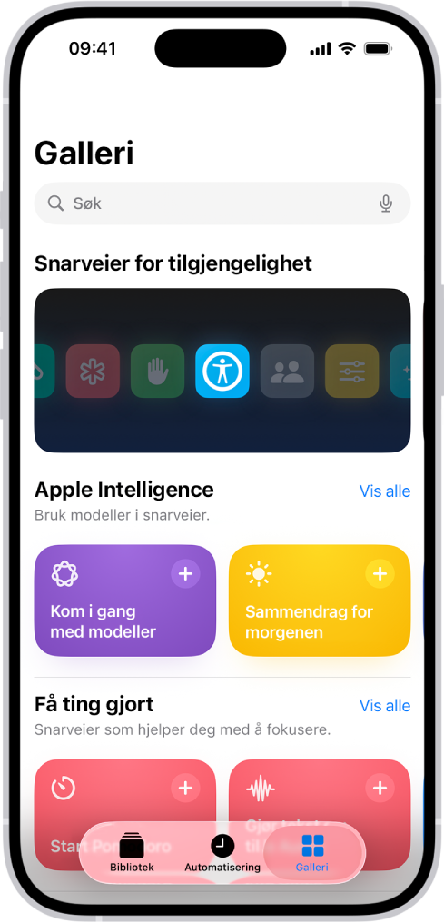 Galleri-skjermen i Snarveier-appen med et søkefelt øverst. Under vises tre gallerier: Snarveier for tilgjengelighet, Get Stuff Done og Quick Shortcuts. Knappene Snarveier, Automatisering og Galleri vises nederst på skjermen. Galleri er valgt.