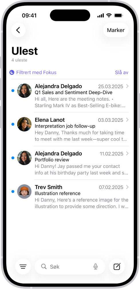Innboksen, som viser en liste over meldinger. Over listen over meldinger er etiketten Filtrert etter fokus, og til høyre for den står det Slå av.