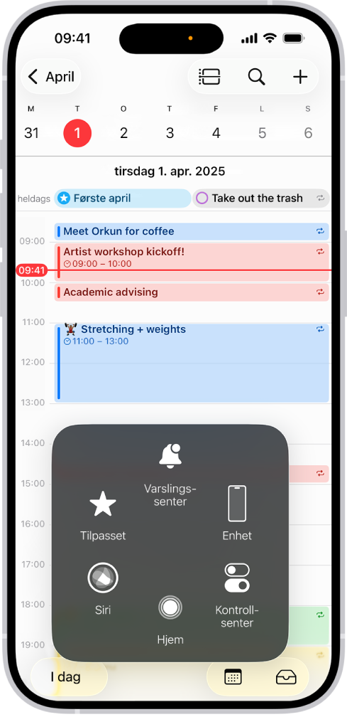 En iPhone der AssistiveTouch-menyen vises, med kontroller for Varslingssenter, Enhet, Kontrollsenter, Hjem, Bevegelser og Tilpasset.