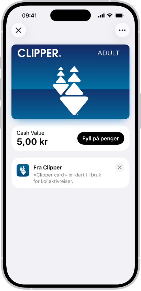 Et reisekort i Lommebok-appen som viser kontoens saldo og Fyll på penger-knappen.