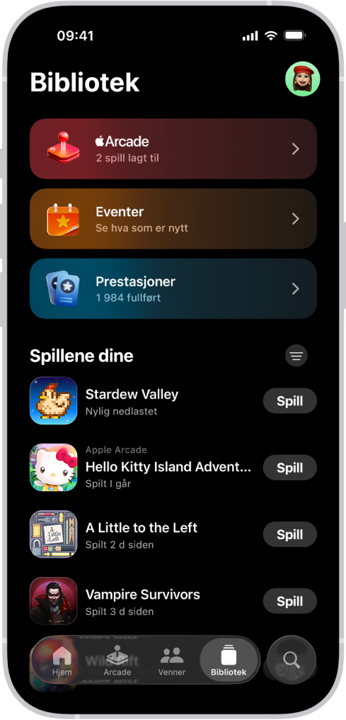 Bibliotek-fanen i Apple Games-appen viser inndelinger for Apple Arcade, arrangementer og prestasjoner og en rullbar liste med nylig spilte og nedlastede spill.