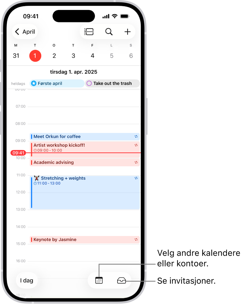 En kalender i dagsvisning som viser dagens hendelser. Kalender-knappen er nederst i midten på skjermen, og Innboks-knappen er nederst til høyre.