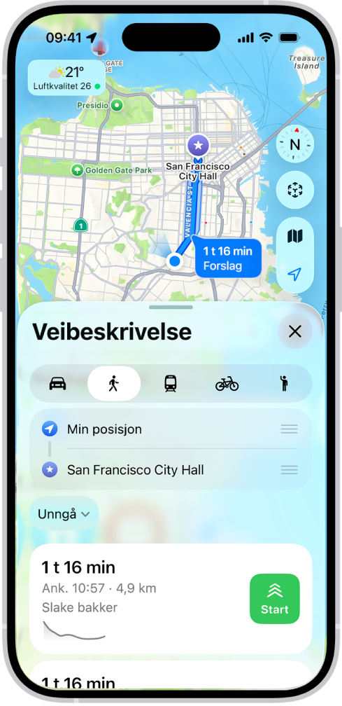 Et kart som viser en gårute. Rutekortet nederst viser detaljer for ruten, inkludert beregnet reisetid og høydeendringer. En Start-knapp vises til høyre for reisedetaljene.