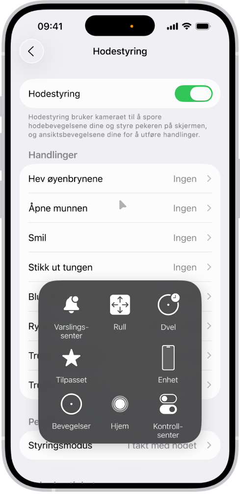 En iPhone med hodestyring slått på. AssistiveTouch-menyen vises, med kontroller for Varslingssenter, Rull, Dvel, Enhet, Kontrollsenter, Hjem, Bevegelser og Tilpasset.