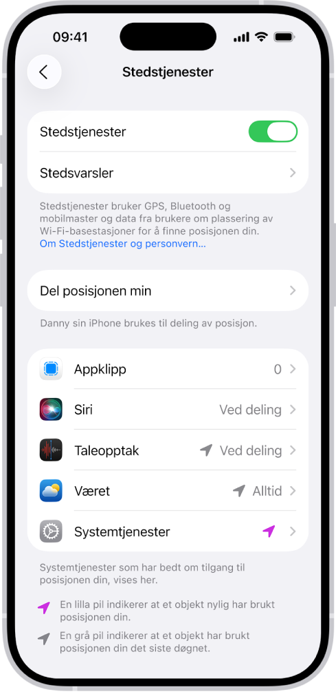 Stedstjenester-skjermen med innstillinger for å dele iPhonens posisjon med apper.