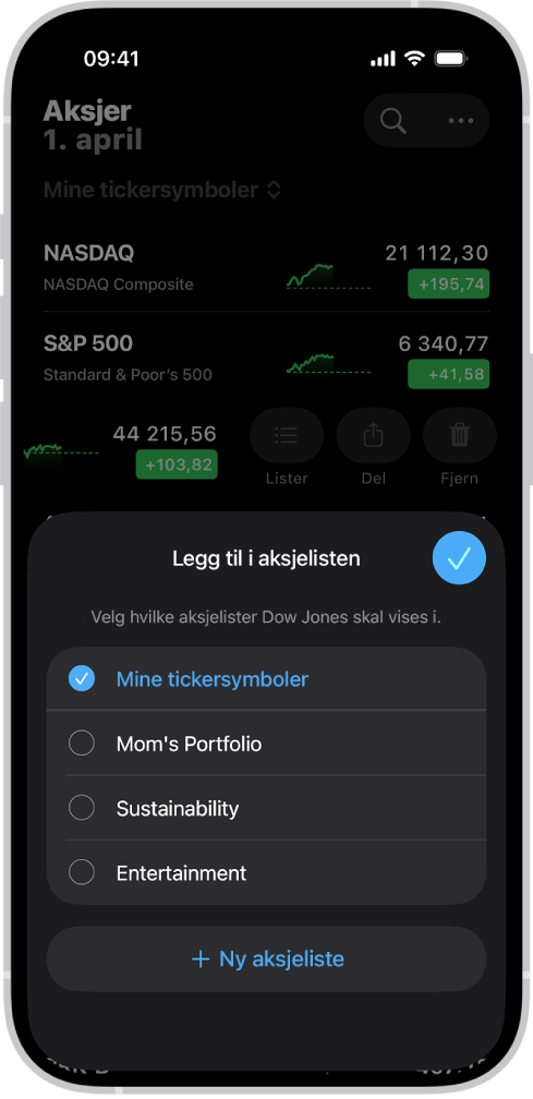 En liste med tilpassede lister i Aksjer-appen: Mine aksjesymboler, Mammas portefølje, Bærekraft og Underholdning.