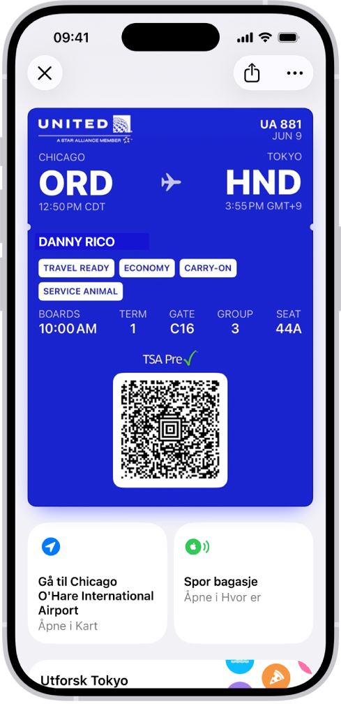 Et boardingkort i Lommebok-appen, med flyinformasjon og QR-koden nederst.