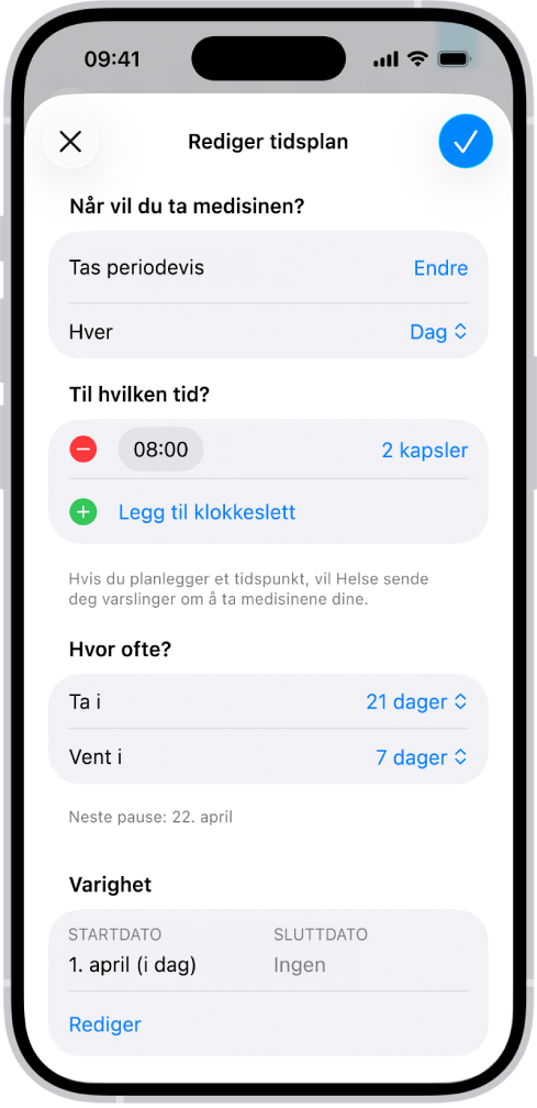 Medisiner-skjermen i Helse, som viser valg for å endre tidsplanen for en medisin.