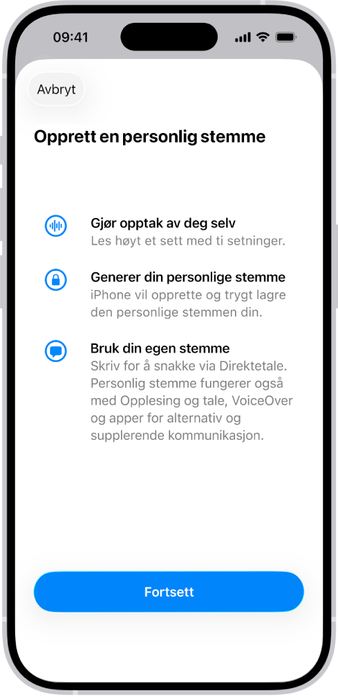 En iPhone med informasjon om hvordan du genererer en personlig stemme.