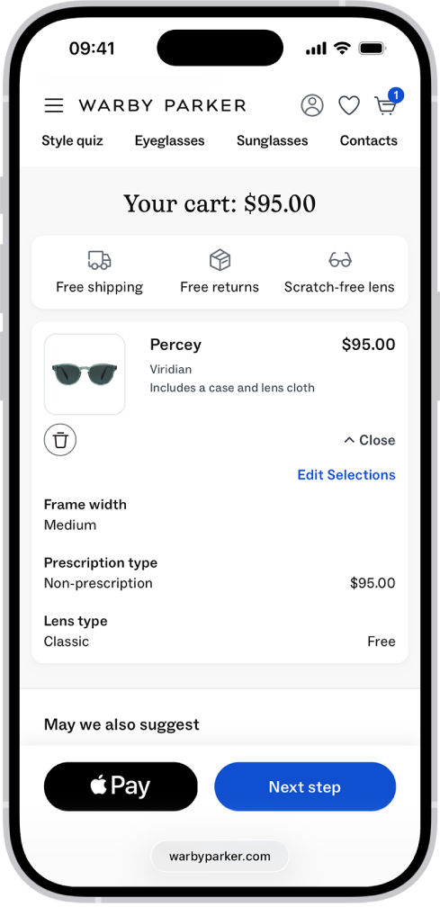 Handlekurven til en app som viser prisene på valgte objekter. Apple Pay-knappen er nederst til venstre.