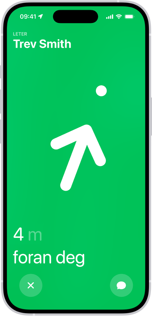 Navnet på en person som lokaliseres med Presisjonssøk, vises øverst i venstre hjørne. Piler peker i retning av personen, med anslått avstand. Nederst på skjermen er det knapper for å lukke Presisjonssøk og sende personen en melding.