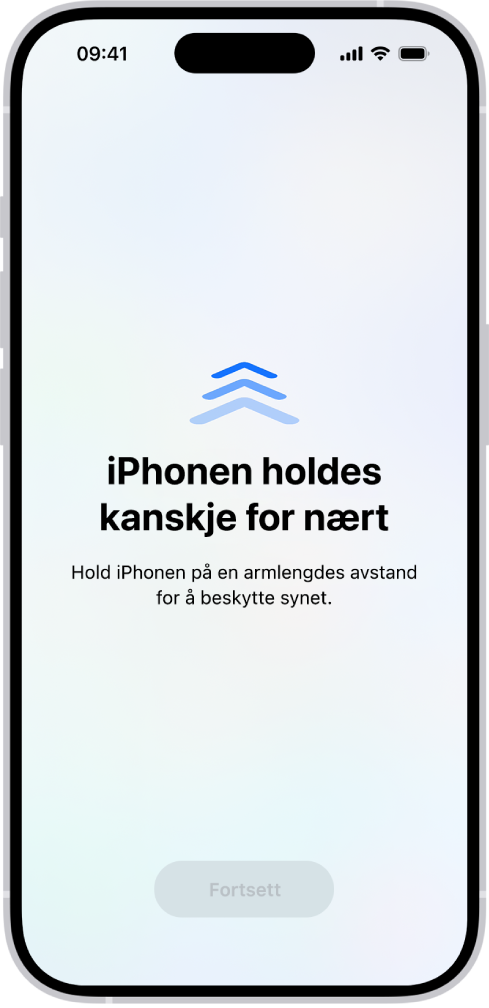 En skjermadvarsel om at du holder iPhonen for nærme og bør flytte den lenger unna for å beskytte synet. Advarselen dekker skjermen, slik at du ikke kan fortsette. En Fortsett-knapp blir tilgjengelig når du har flyttet iPhonen langt nok unna.