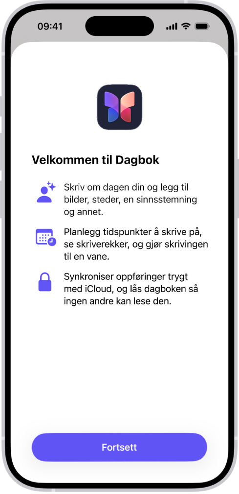 Velkomstskjermen i Dagbok-appen.