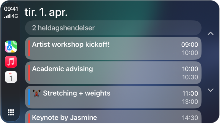 CarPlay som viser Kart, Musikk og Kalender i sidepanelet. Til høyre vises hendelsene for mandag 5. Juni: Arbeid med portefølje, ledelsesseminar, forberedelse av presentasjon og korøving.