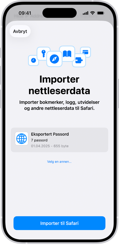 Importer nettleserdata-skjermen viser en CSV-fil med passord fra en annen passordhåndterer, som skal importeres.
