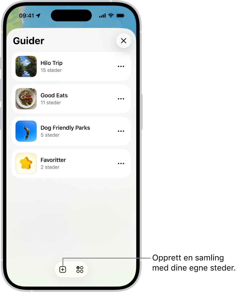 En liste over flere egendefinerte guider i Kart, inkludert en Favoritter-kategori, og Ny guide-knappen nederst til høyre.