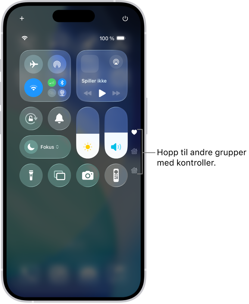 Kontrollsenter åpen på iPhone-skjermen, med symboler til høyre for å se andre grupper med kontroller.