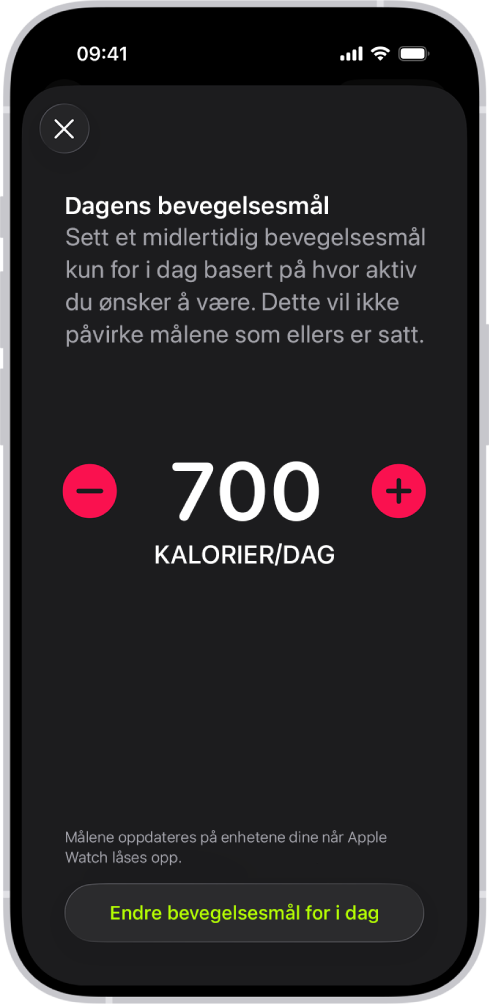 Skjermen for Ukeplan for bevegelse i Mosjon-appen viser knapper for å øke eller redusere bevegelsesmålet.
