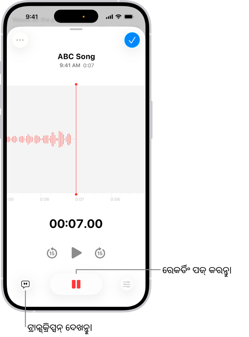 ରେକର୍ଡିଂକୁ ପଜ୍ କରିବା ପାଇଁ ଏକ ଟାଇମ୍ ଇଣ୍ଡିକେଟର୍ ଏବଂ ଏକ ବଟନ୍ ସହିତ ଚାଲୁଥିବା ରେକର୍ଡିଂର ଏକ ତରଙ୍ଗ ରୂପ ଦେଖାଉଥିବା ଏକ ଭଏସ୍ ମେମୋ ରେକର୍ଡିଂ।