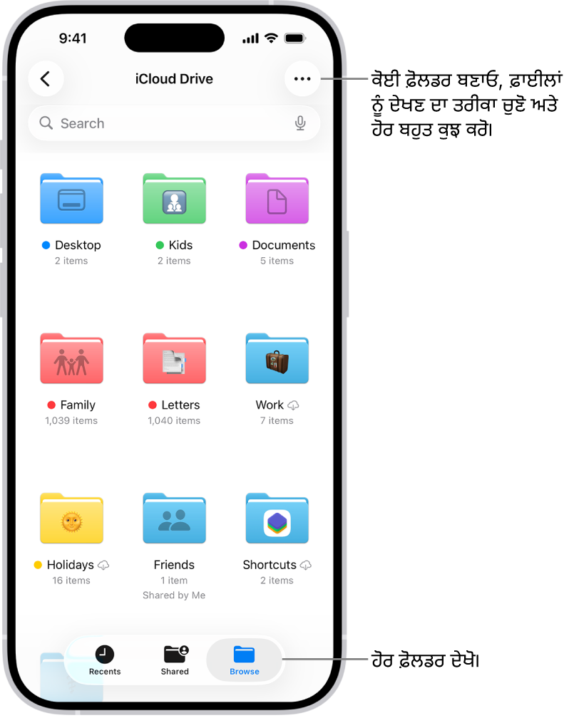 ਫ਼ਾਈਲਾਂ ਐਪ ਤੁਹਾਡੇ iCloud Drive ਵਿੱਚ ਫ਼ਾਈਲਾਂ ਅਤੇ ਫ਼ੋਲਡਰ ਦਿਖਾ ਰਹੀ ਹੈ। “ਹੋਰ” ਮੈਨਿਊ ਵਿੱਚ ਆਈਟਮਾਂ ਦੀ ਚੋਣ ਕਰਨ, ਨਵਾਂ ਫ਼ੋਲਡਰ ਬਣਾਉਣ, ਦਸਤਾਵੇਜ਼ ਸਕੈਨ ਕਰਨ ਅਤੇ ਸਰਵਰ ਨਾਲ ਕਨੈਕਟ ਕਰਨ ਲਈ ਵਿਕਲਪ ਹਨ। ਹੇਠਾਂ ਆਈਕਨਾਂ ਜਾਂ ਸੂਚੀ ਦੇ ਰੂਪ ਵਿੱਚ ਸਕਰੀਨ ’ਤੇ ਆਈਟਮਾਂ ਨੂੰ ਦੇਖਣ ਦੇ ਵਿਕਲਪ ਹਨ। ਹੇਠਾਂ ਨਾਮ, ਕਿਸਮ, ਮਿਤੀ, ਅਕਾਰ ਅਤੇ ਟੈਗਾਂ ਲਈ ਕ੍ਰਮਬੱਧ ਕਰਨ ਦੇ ਵਿਕਲਪ ਹਨ ਜਿਨ੍ਹਾਂ ਤੋਂ ਬਾਅਦ ਦੇਖਣ ਦੇ ਵਿਕਲਪ ਹਨ।