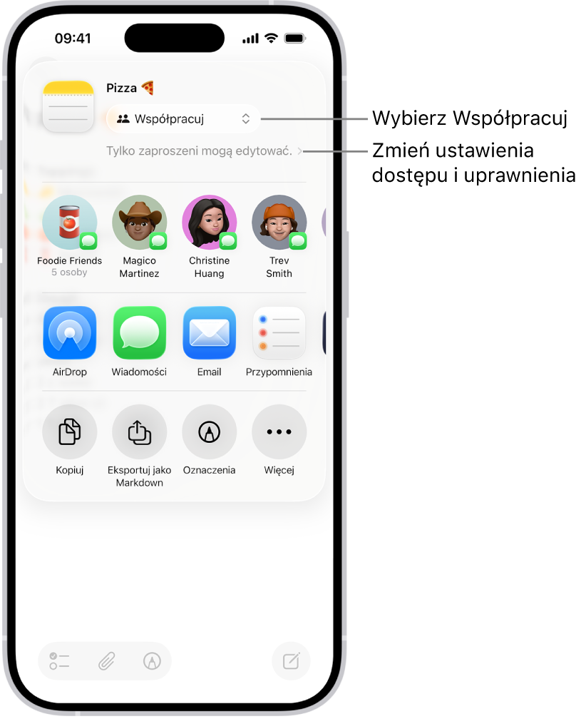 Przepis w aplikacji Notatki z zaproszeniem do współpracy. Widoczna jest opcja Współpraca oraz etykieta „Tylko zaproszeni przez Ciebie mogą edytować” jako ustawienie dostępu i uprawnień. Poniżej widocznych jest czworo sugerowanych odbiorców, w tym jedna grupa. Dalej widoczne są różne metody udostępnienia notatki: AirDrop, Wiadomości, Poczta oraz Przypomnienia.