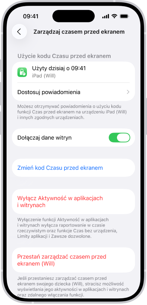 Ekran zarządzania funkcją Czas przed ekranem dla dziecka w rodzinie. U góry ekranu widoczna jest informacja, kiedy i na którym urządzeniu ostatnio użyty został kod tej funkcji.