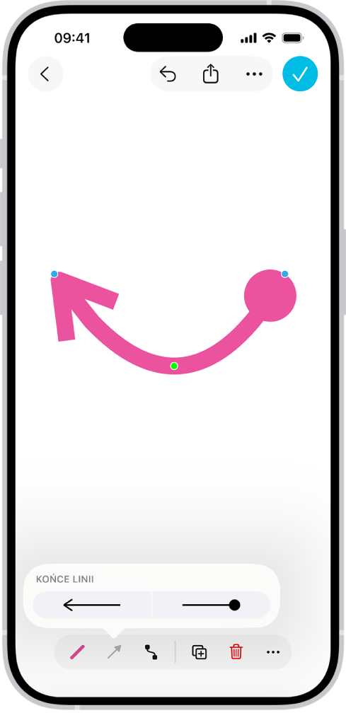 Linia łącząca na tablicy friform. Widoczne są niebieskie i zielone kropki umożliwiające zmianę kształtu i kąta.