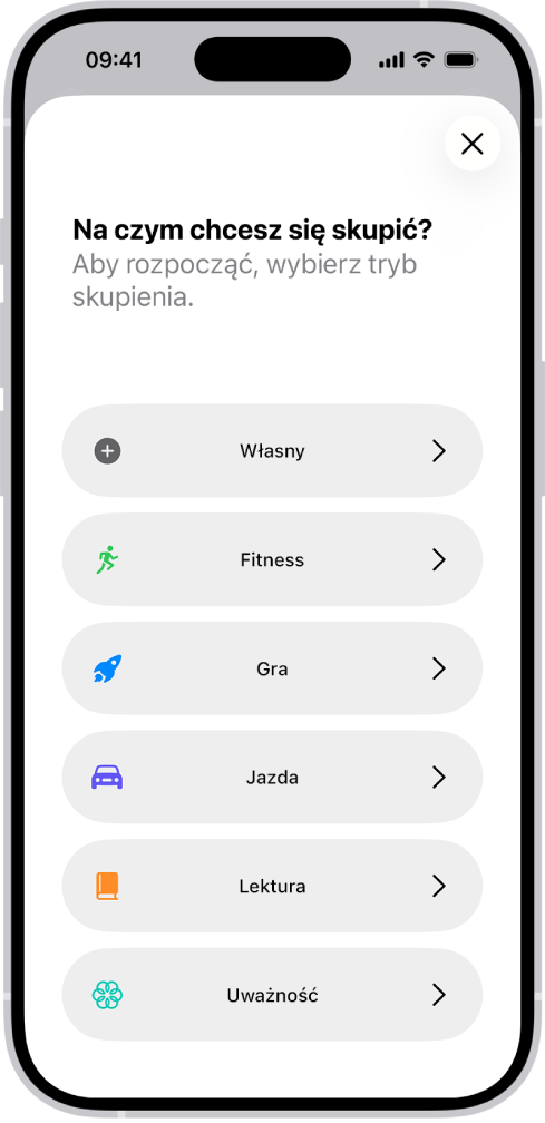 Ekran konfiguracji dodatkowych gotowych trybów skupienia, takich jak Własny, Jazda, Fitness, Gra, Uważność oraz Lektura.